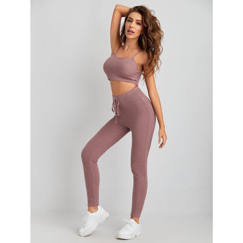 3 piece set: Waffle Knit Tank Top & Leggings & Coat cardigan mauve - Picture 1 of 11